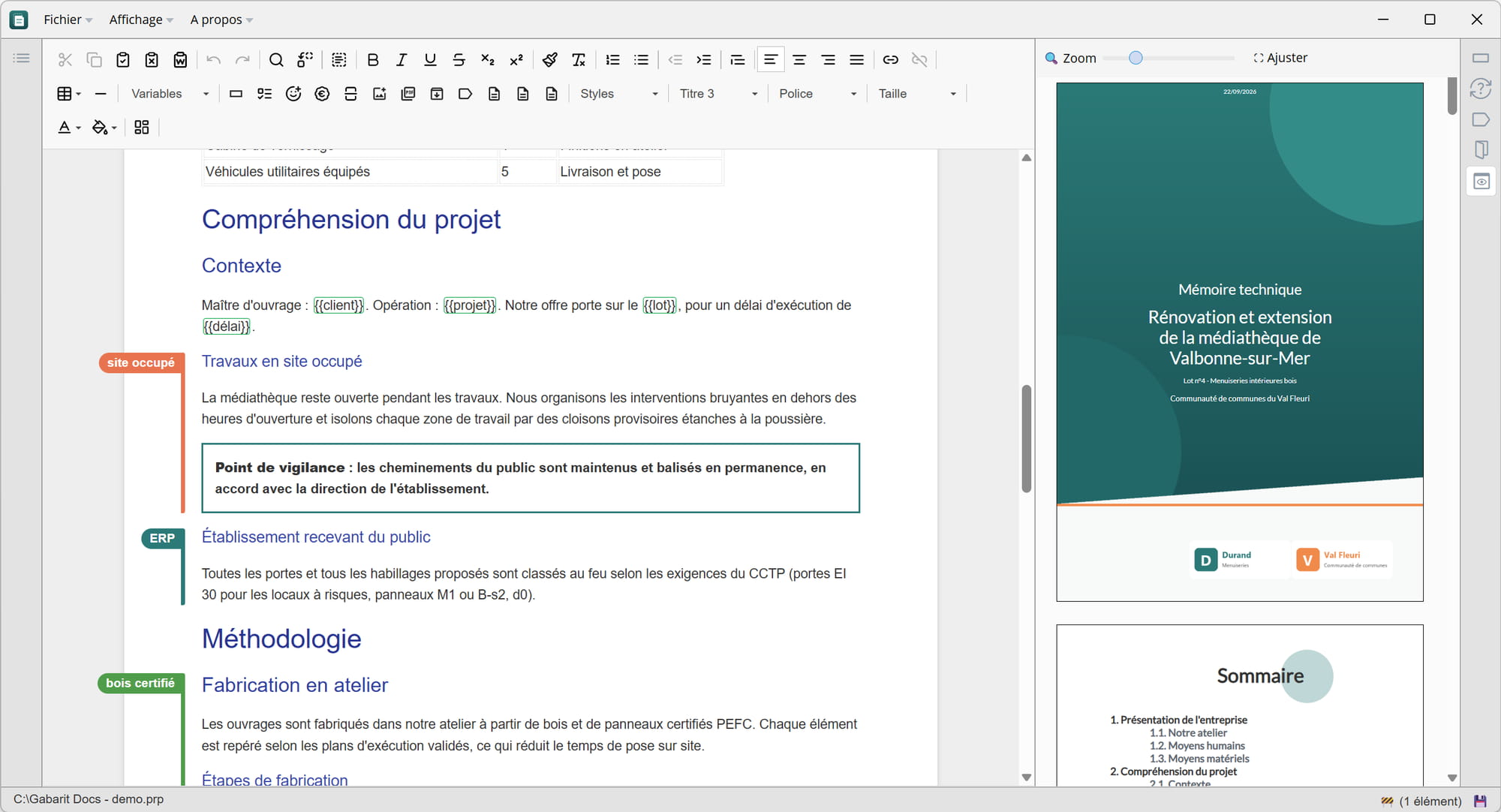Capture d'écran de GabaritDoc : plan du document, éditeur et aperçu paginé